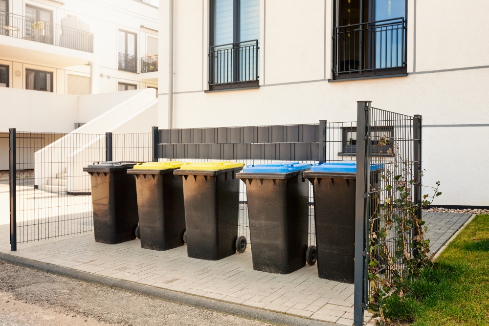 image of trash bins outside of an apartment complex